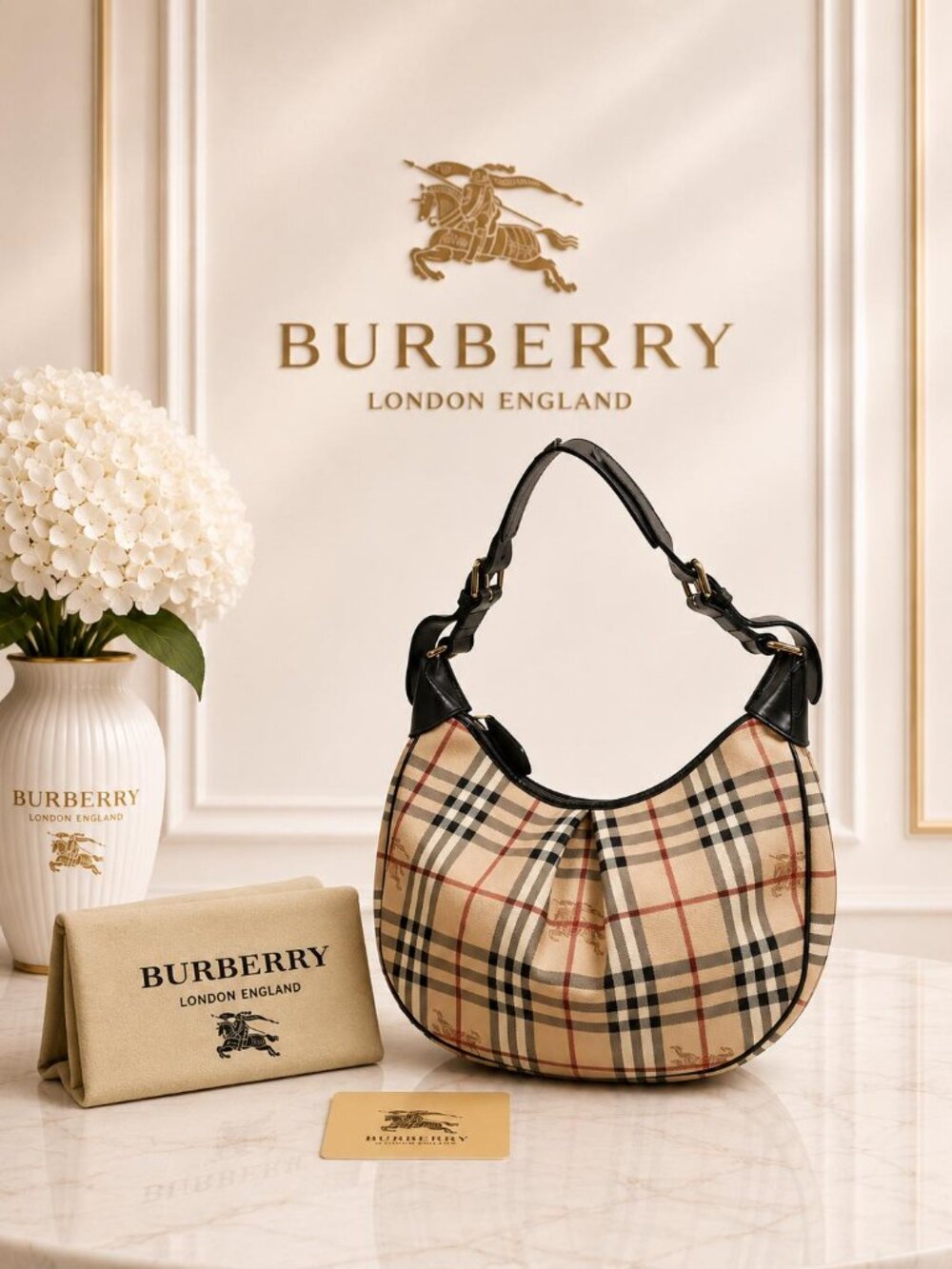 Authentic Burberry Nova Check Hobo Shoulder Bag Beige Black Leather Luxury